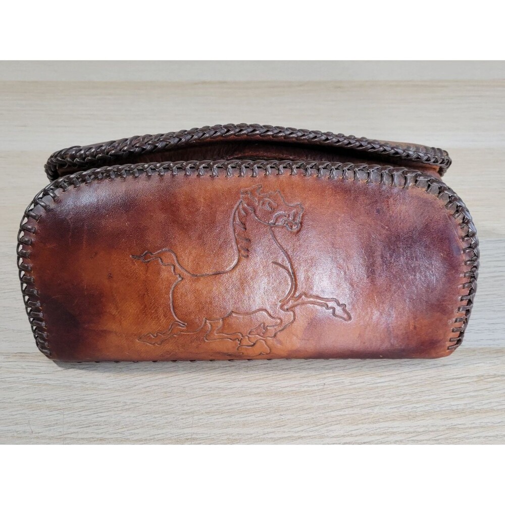 Vintage Hand Tooled Leather Zippered Pouch Western Horse Clutch Toiletry Bag